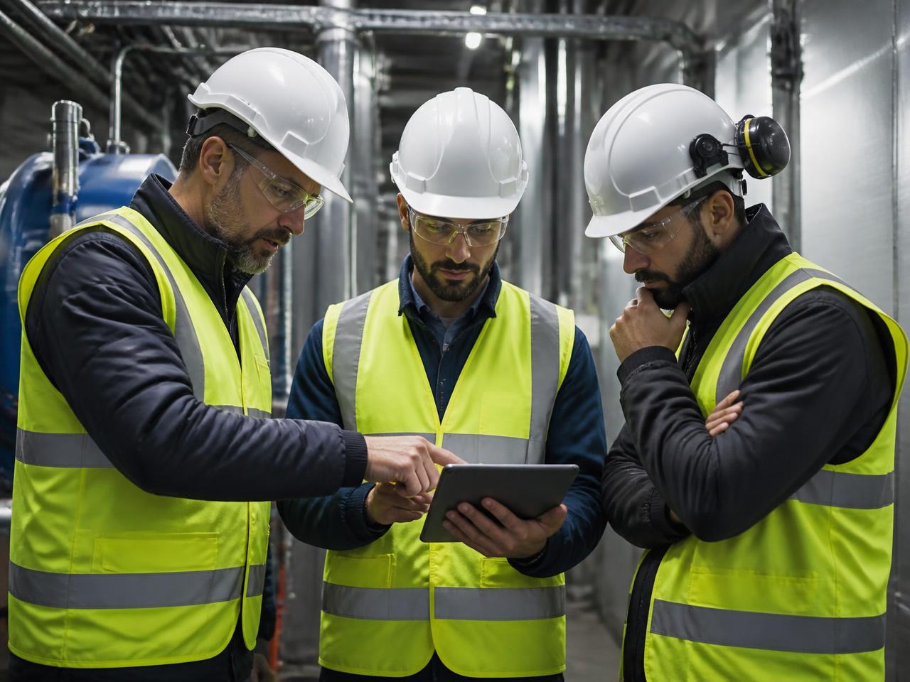 Engineering team in protective equipment coordinating work in a technical plant room