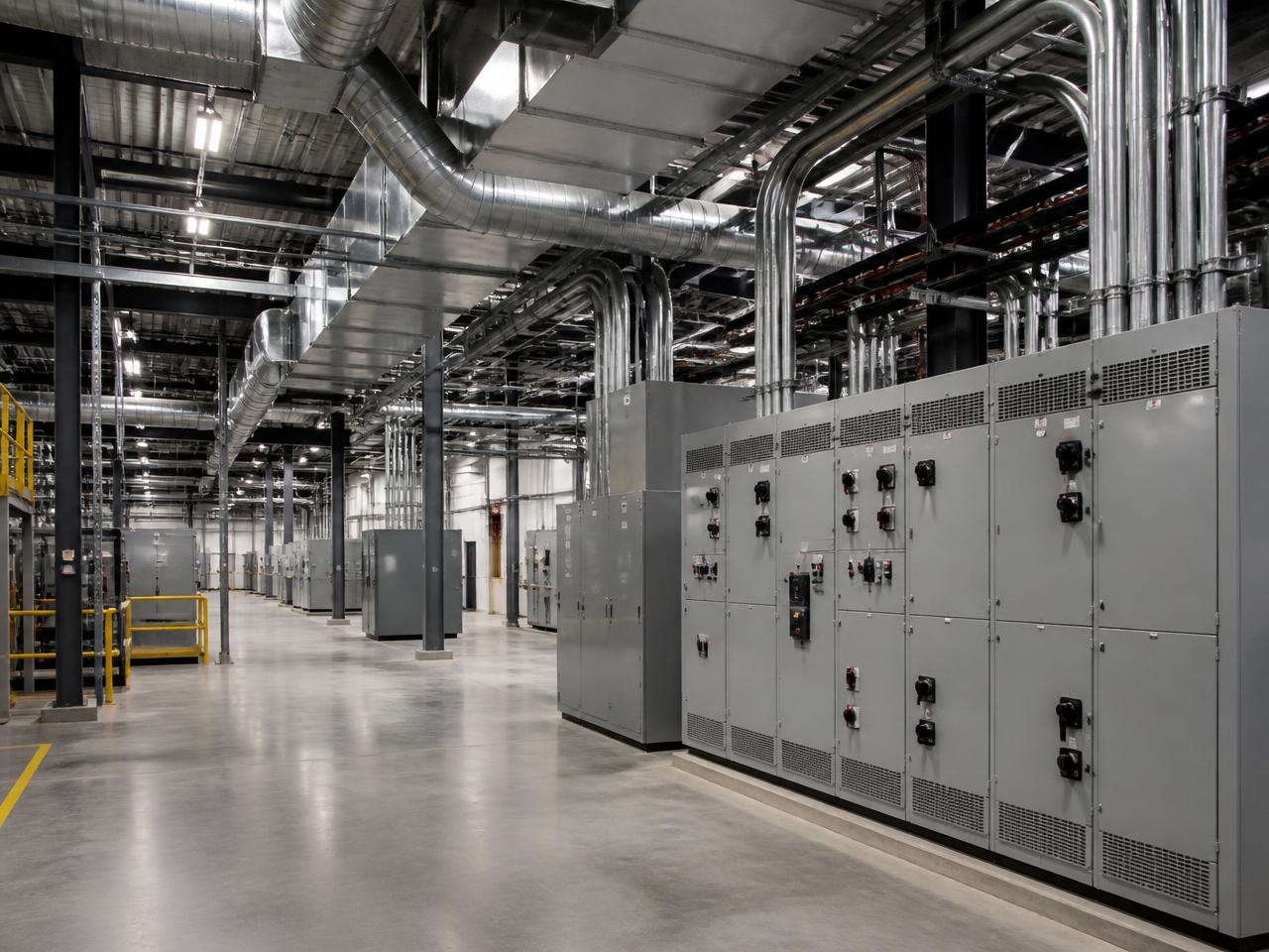 Industrial plant interior with electrical distribution panels, overhead ductwork and pipework