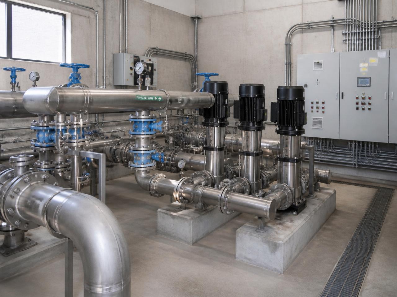 Water pumping station with stainless steel pumps, valves, pipework and electrical control panels
