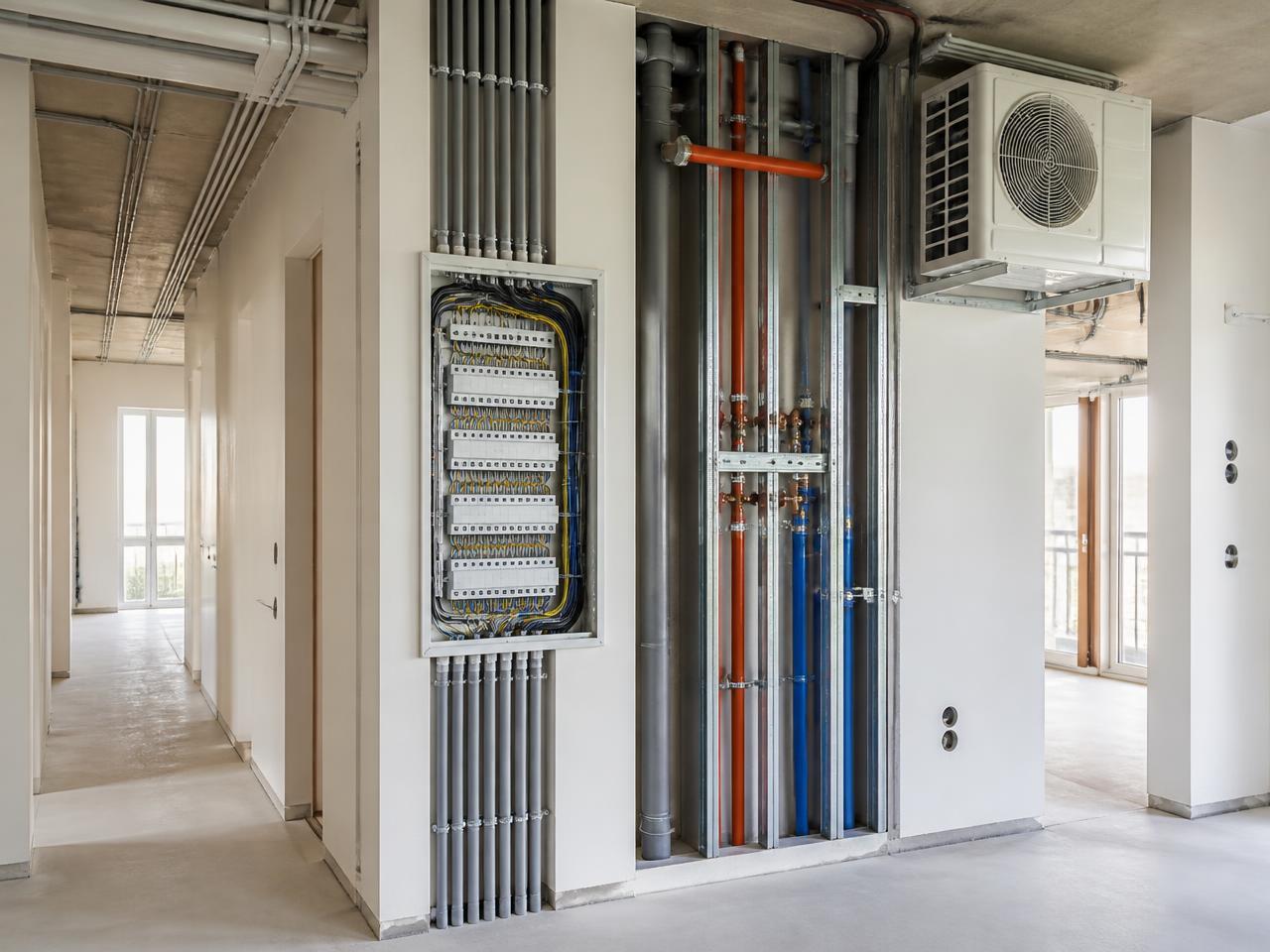 Residential building interior with electrical distribution board, pipework and an HVAC unit installed