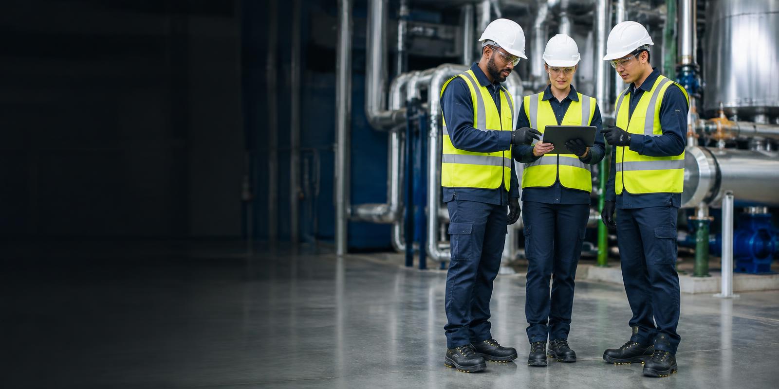 Engineering team safely reviewing technical information in a modern plant room
