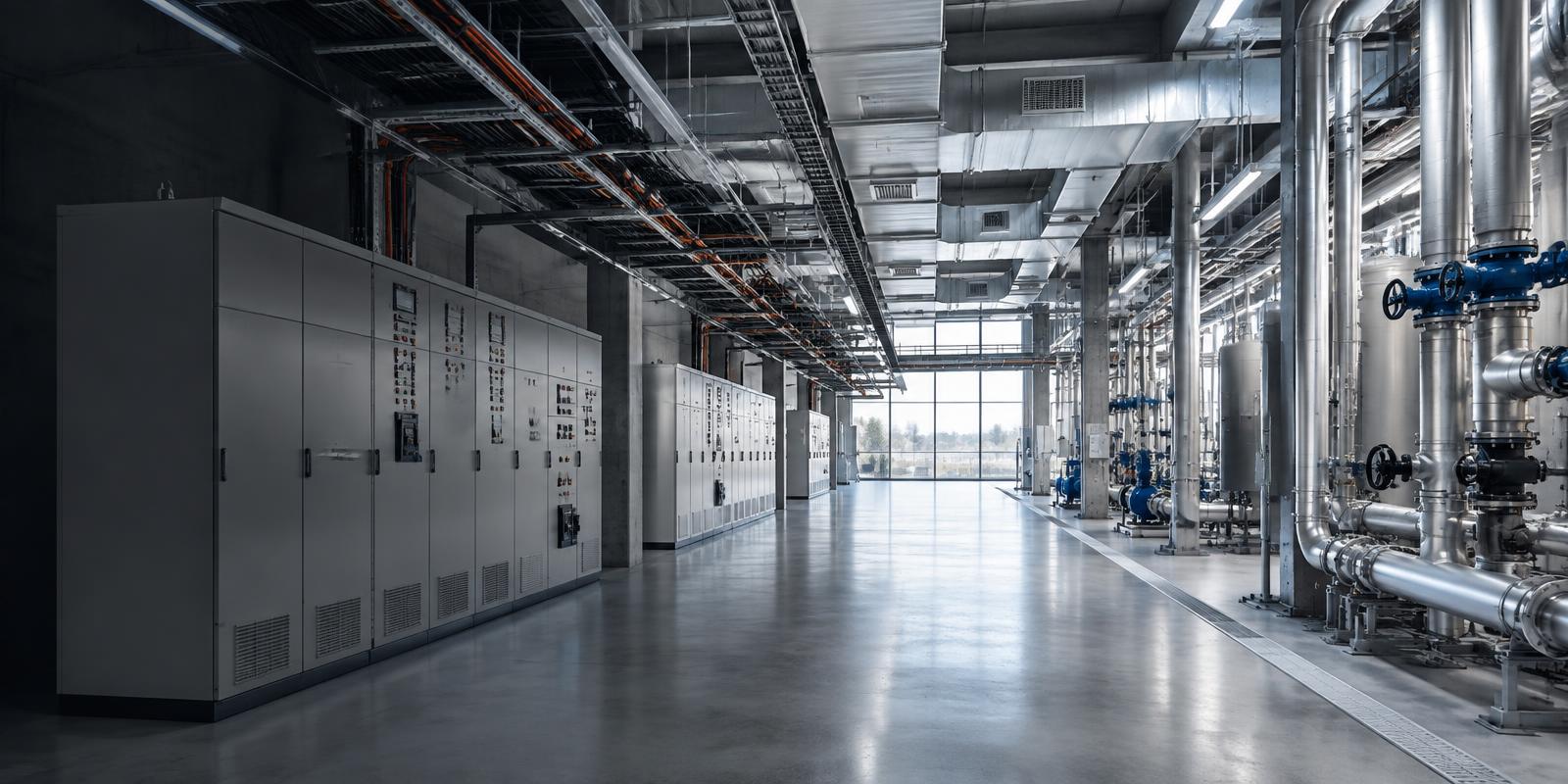 Modern technical facility with electrical distribution, ventilation and pipework systems